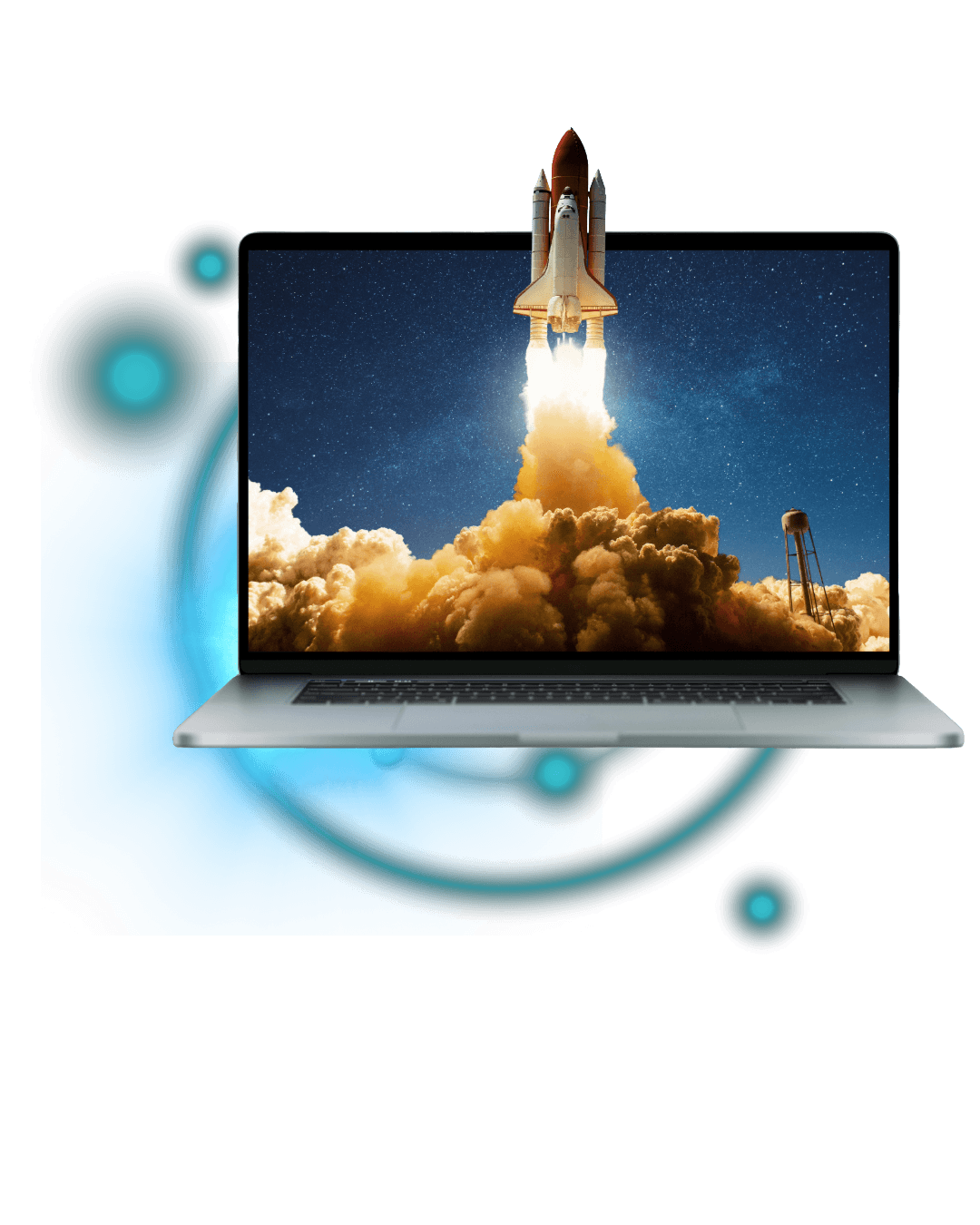 Laptop launching upward with rocket symbolizing accelerated broker growth